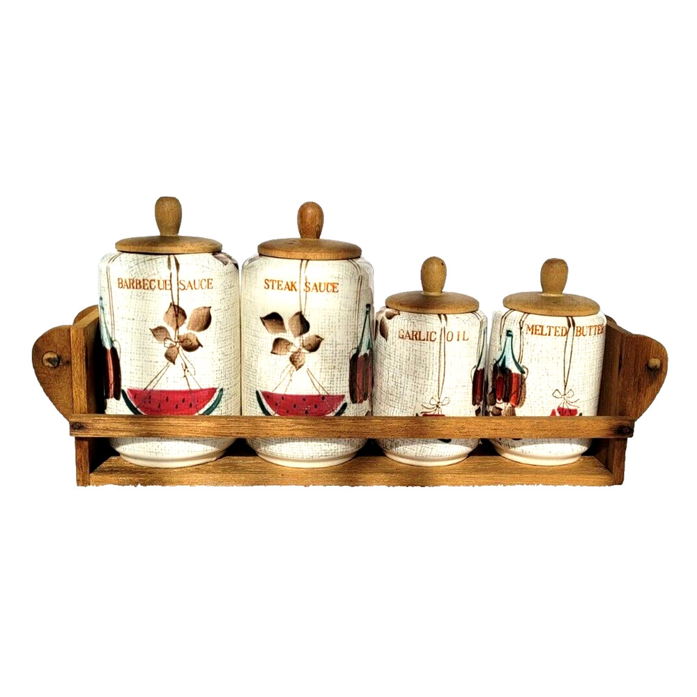 Set 4 Vintage ROYAL SEALY Jamaican Condiment Jar Wood Shelf BBQ Japan MCM